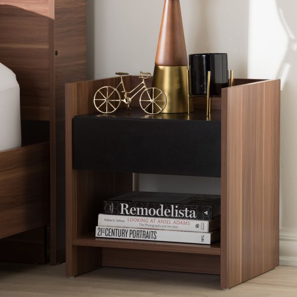 Vanda Modern and Contemporary Two-Tone Walnut and Black Wood 1-Drawer Nightstand