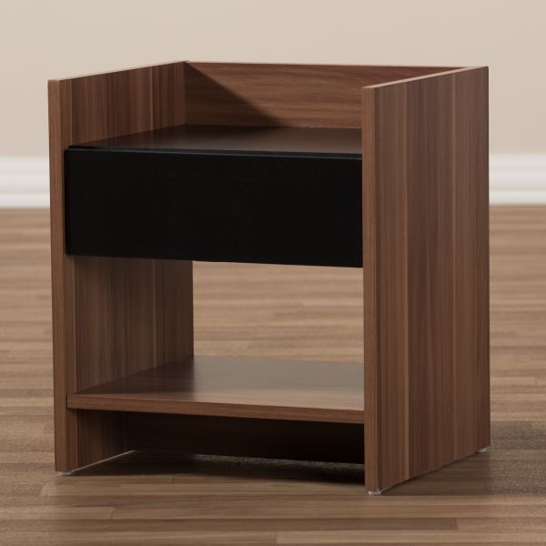Vanda Modern and Contemporary Two-Tone Walnut and Black Wood 1-Drawer Nightstand