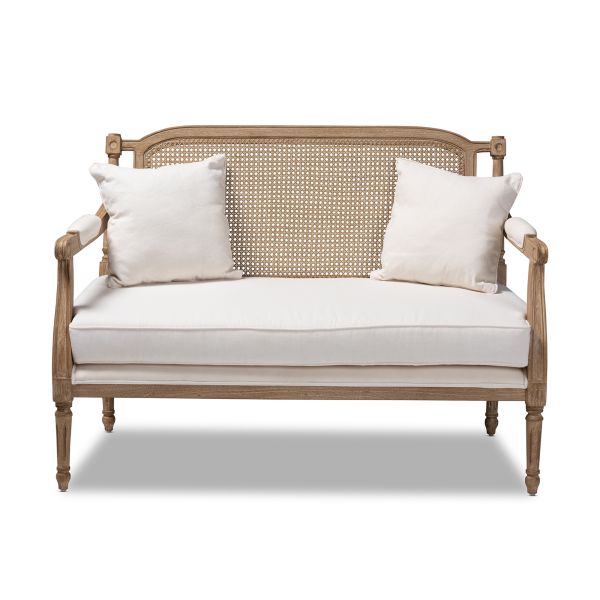 Clemence French Provincial Ivory Fabric Upholstered Whitewashed Wood Loveseat
