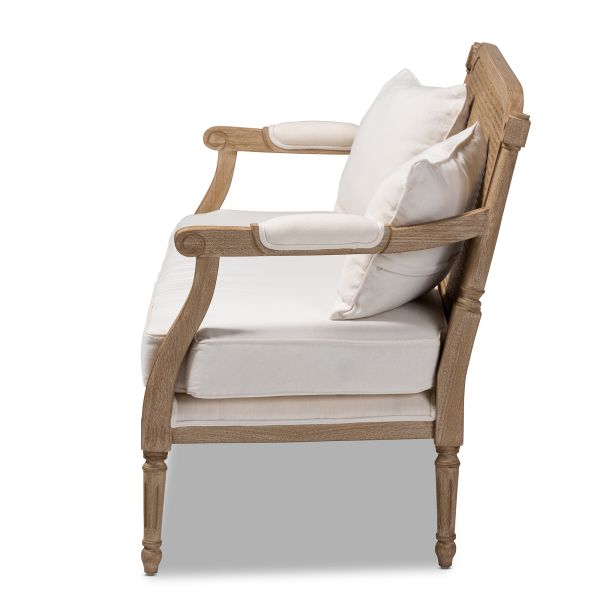Clemence French Provincial Ivory Fabric Upholstered Whitewashed Wood Loveseat