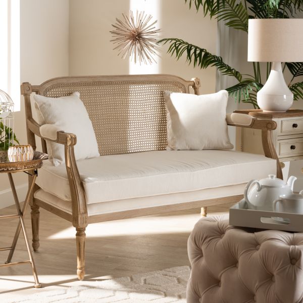 Clemence French Provincial Ivory Fabric Upholstered Whitewashed Wood Loveseat