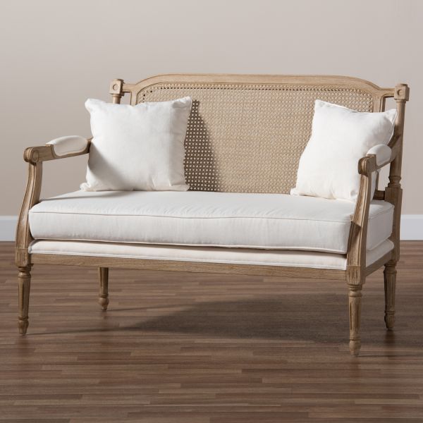 Clemence French Provincial Ivory Fabric Upholstered Whitewashed Wood Loveseat