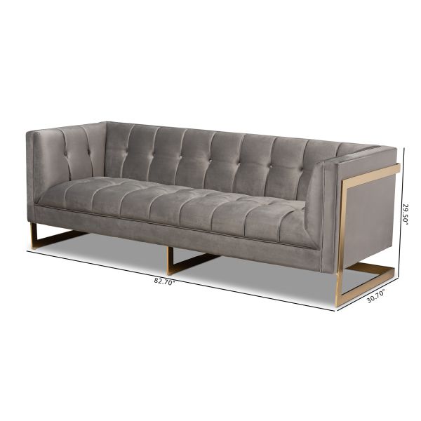 Ambra Glam and Luxe Grey Velvet Fabric Upholstered and Button Tufted Sofa with Gold-Tone Frame