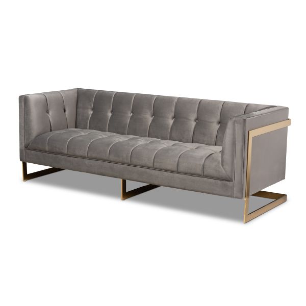 Ambra Glam and Luxe Grey Velvet Fabric Upholstered and Button Tufted Sofa with Gold-Tone Frame