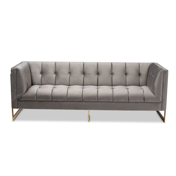 Ambra Glam and Luxe Grey Velvet Fabric Upholstered and Button Tufted Sofa with Gold-Tone Frame