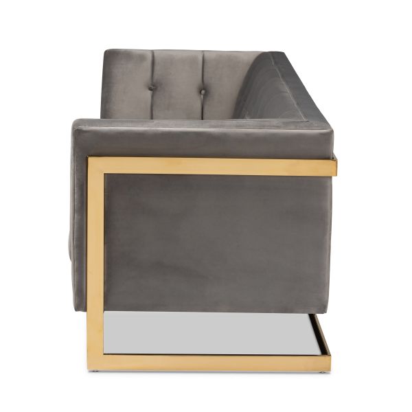 Ambra Glam and Luxe Grey Velvet Fabric Upholstered and Button Tufted Sofa with Gold-Tone Frame