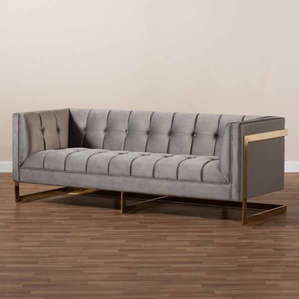 Ambra Glam and Luxe Grey Velvet Fabric Upholstered and Button Tufted Sofa with Gold-Tone Frame
