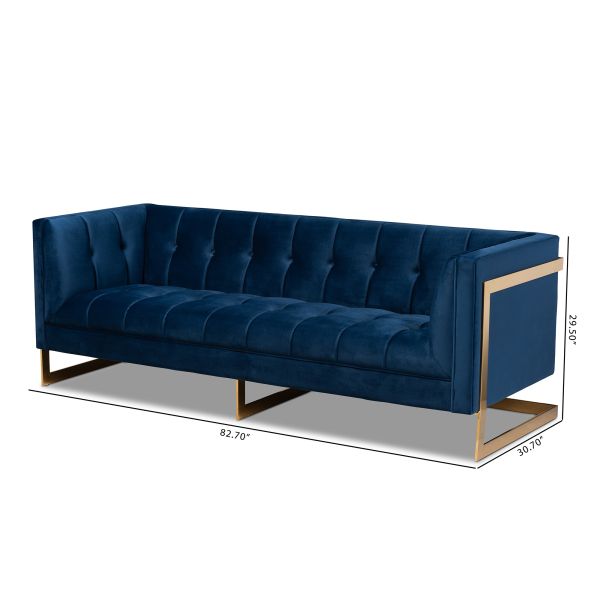 Ambra Glam and Luxe Royal Blue Velvet Fabric Upholstered and Button Tufted Gold Sofa with Gold-Tone Frame