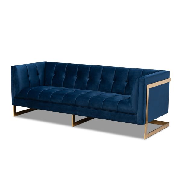 Ambra Glam and Luxe Royal Blue Velvet Fabric Upholstered and Button Tufted Gold Sofa with Gold-Tone Frame