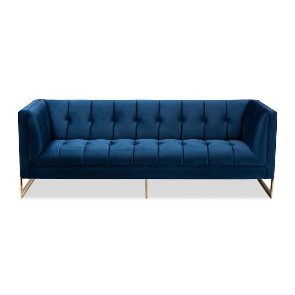 Ambra Glam and Luxe Royal Blue Velvet Fabric Upholstered and Button Tufted Gold Sofa with Gold-Tone Frame