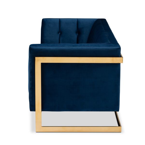Ambra Glam and Luxe Royal Blue Velvet Fabric Upholstered and Button Tufted Gold Sofa with Gold-Tone Frame