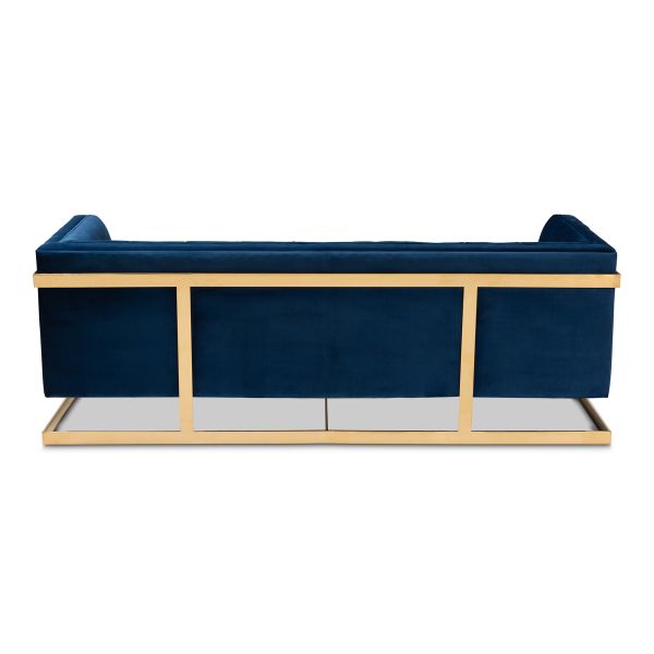 Ambra Glam and Luxe Royal Blue Velvet Fabric Upholstered and Button Tufted Gold Sofa with Gold-Tone Frame