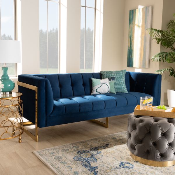 Ambra Glam and Luxe Royal Blue Velvet Fabric Upholstered and Button Tufted Gold Sofa with Gold-Tone Frame