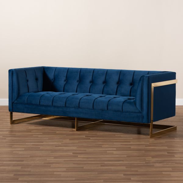 Ambra Glam and Luxe Royal Blue Velvet Fabric Upholstered and Button Tufted Gold Sofa with Gold-Tone Frame
