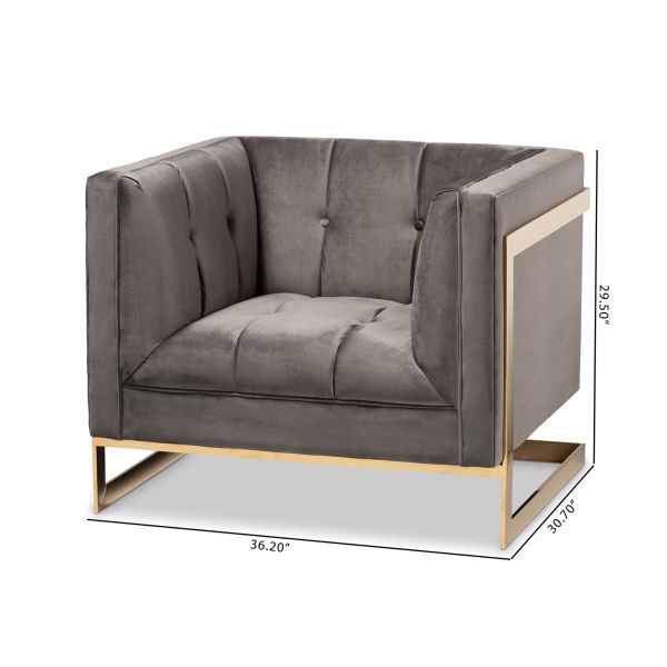 Ambra Glam and Luxe Grey Velvet Fabric Upholstered and Button Tufted Armchair with Gold-Tone Frame