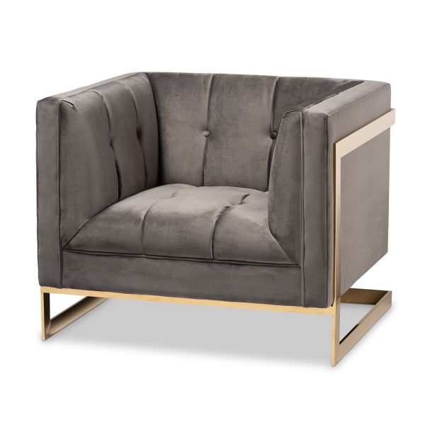 Ambra Glam and Luxe Grey Velvet Fabric Upholstered and Button Tufted Armchair with Gold-Tone Frame