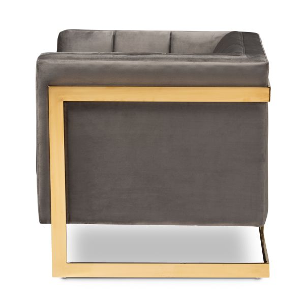 Ambra Glam and Luxe Grey Velvet Fabric Upholstered and Button Tufted Armchair with Gold-Tone Frame