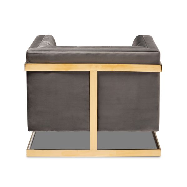 Ambra Glam and Luxe Grey Velvet Fabric Upholstered and Button Tufted Armchair with Gold-Tone Frame