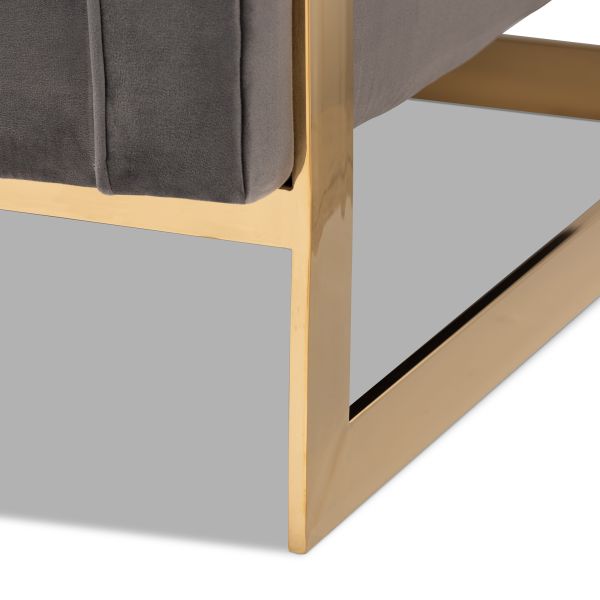 Ambra Glam and Luxe Grey Velvet Fabric Upholstered and Button Tufted Armchair with Gold-Tone Frame