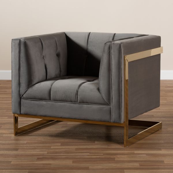 Ambra Glam and Luxe Grey Velvet Fabric Upholstered and Button Tufted Armchair with Gold-Tone Frame
