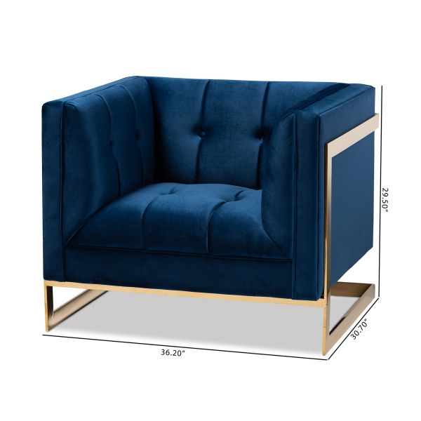 Ambra Glam and Luxe Royal Blue Velvet Fabric Upholstered and Button Tufted Armchair with Gold-Tone Frame