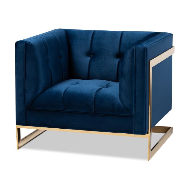 Ambra Glam and Luxe Royal Blue Velvet Fabric Upholstered and Button Tufted Armchair with Gold-Tone Frame