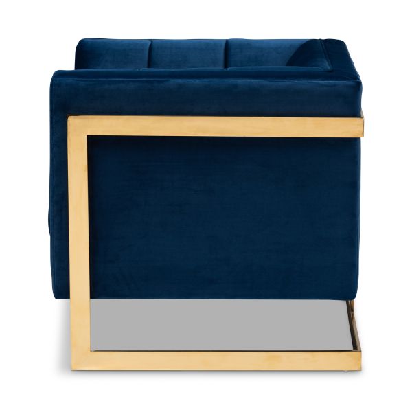 Ambra Glam and Luxe Royal Blue Velvet Fabric Upholstered and Button Tufted Armchair with Gold-Tone Frame