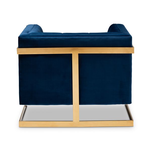 Ambra Glam and Luxe Royal Blue Velvet Fabric Upholstered and Button Tufted Armchair with Gold-Tone Frame