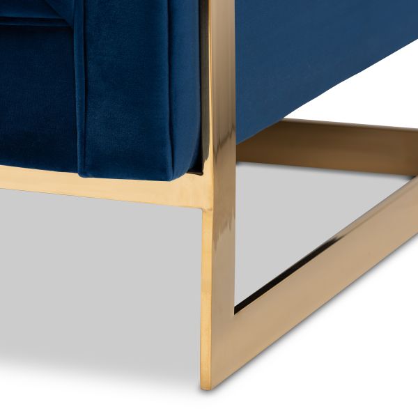 Ambra Glam and Luxe Royal Blue Velvet Fabric Upholstered and Button Tufted Armchair with Gold-Tone Frame