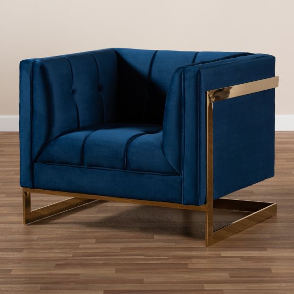 Ambra Glam and Luxe Royal Blue Velvet Fabric Upholstered and Button Tufted Armchair with Gold-Tone Frame