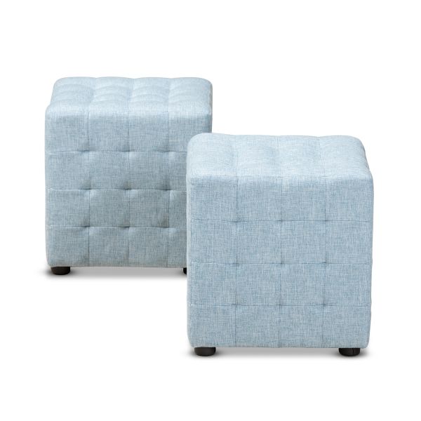 Elladio Modern and Contemporary Light Blue Fabric Upholstered Tufted Cube Ottoman Set of 2