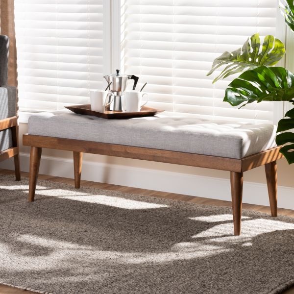 Linus Mid-Century Modern Greyish Beige Fabric Upholstered and Button Tufted Wood Bench