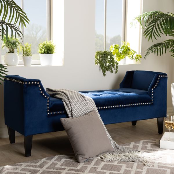 Perret Modern and Contemporary Royal Blue Velvet Fabric Upholstered Espresso Finished Wood Bench