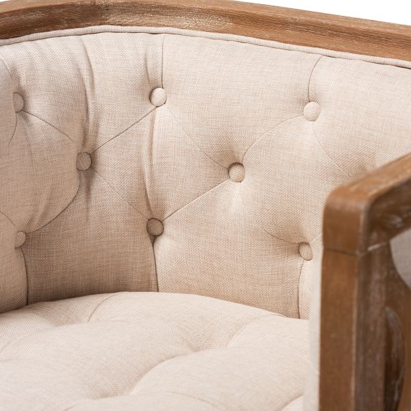 Esme French Provincial Beige Linen Fabric Upholstered and White-Washed Oak Wood Accent Barrel Chair