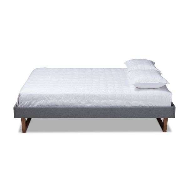 Liliya Mid-Century Modern Dark Grey Fabric Upholstered Walnut Brown Finished Wood Full Size Platform Bed Frame