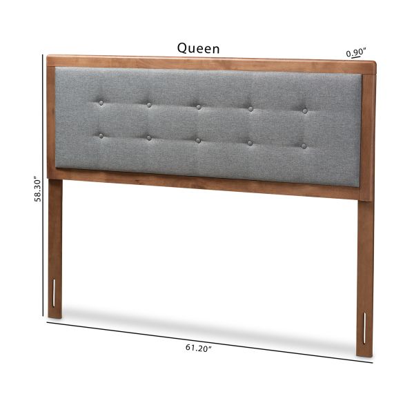 Sarine Mid-Century Modern Dark Grey Fabric Upholstered Walnut Brown Finished Wood Queen Size Headboard