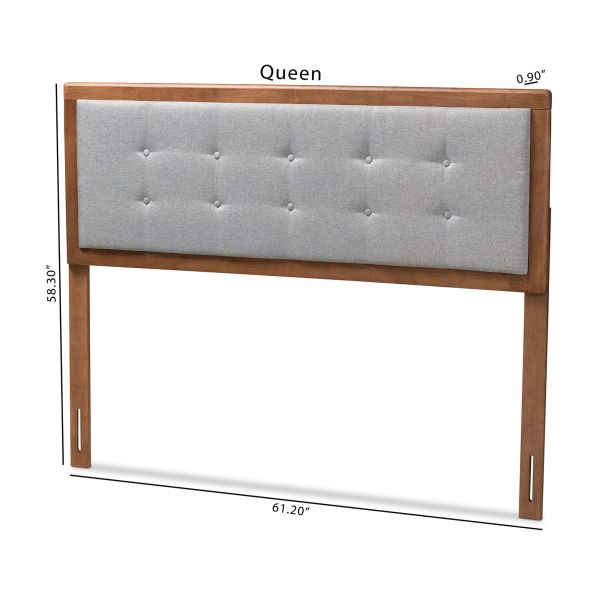 Sarine Mid-Century Modern Light Grey Fabric Upholstered Walnut Brown Finished Wood King Size Headboard