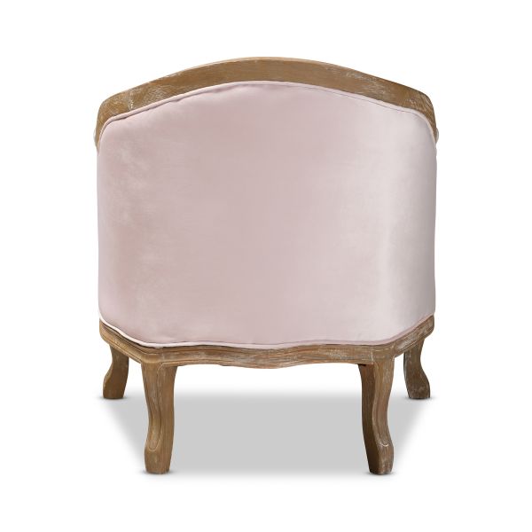 Genevieve Traditional French Provincial Light Pink Velvet Upholstered White-Washed Oak Wood Armchair