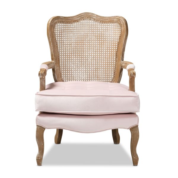 Vallea Traditional French Provincial Light Pink Velvet Fabric Upholstered White-Washed Oak Wood Armchair