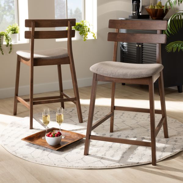 Larine Modern and Contemporary Light Grey Fabric Upholstered Walnut Finished 2-Piece Wood Counter Stool Set