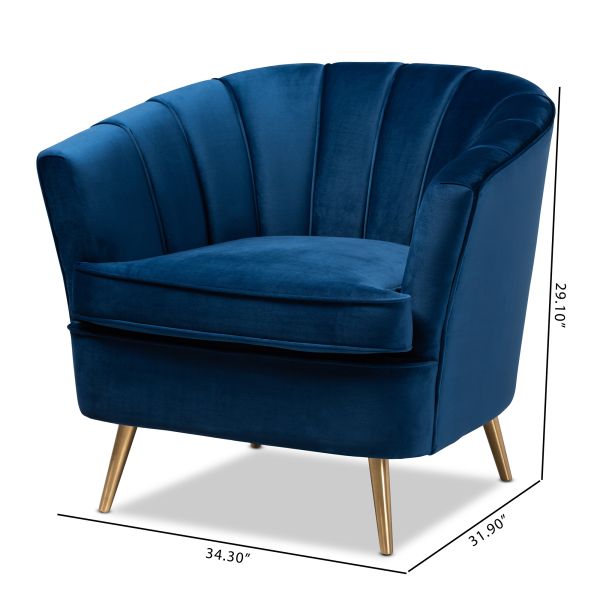 Emeline Glam and Luxe Navy Blue Velvet Fabric Upholstered Brushed Gold Finished Accent Chair