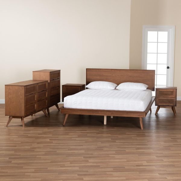 Melora Walnut Brown Finished Wood and Rattan Full Size 5-Piece Bedroom Set