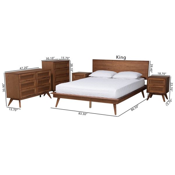 Melora Walnut Brown Finished Wood and Rattan King Size 5-Piece Bedroom Set