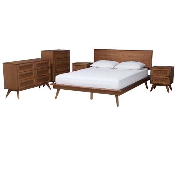 Melora Walnut Brown Finished Wood and Rattan King Size 5-Piece Bedroom Set