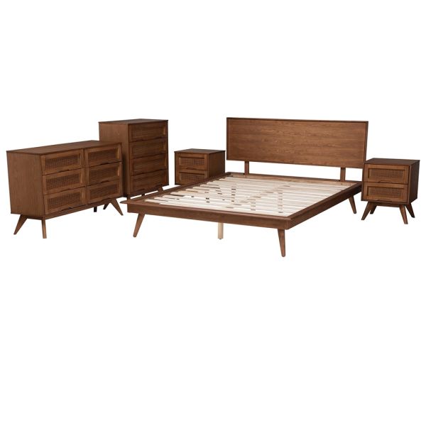 Melora Walnut Brown Finished Wood and Rattan Queen Size 5-Piece Bedroom Set
