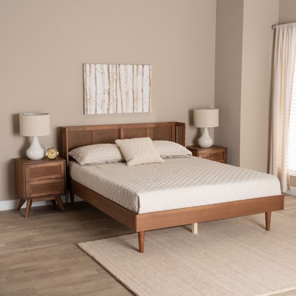 Rina Mid-Century Modern Ash Walnut Finished Wood 3-Piece Queen Size Bedroom Set with Synthetic Rattan
