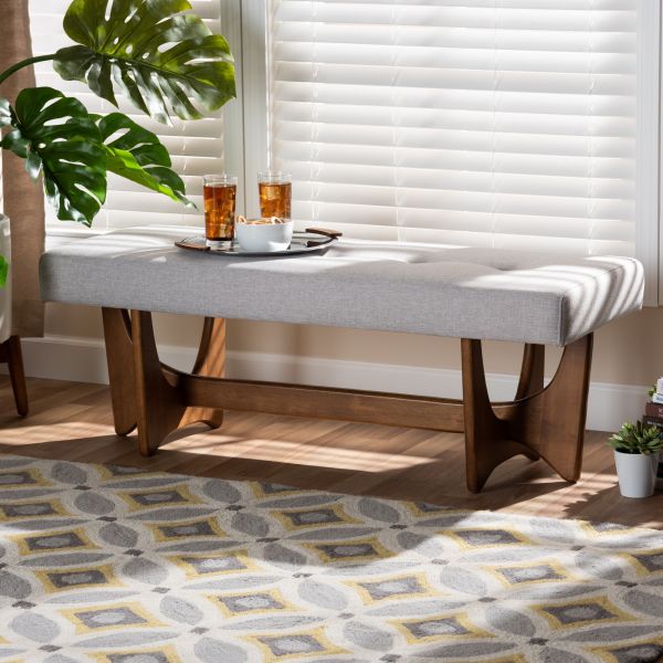 Theo Mid-Century Modern Greyish Beige Fabric Upholstered Walnut Finished Bench