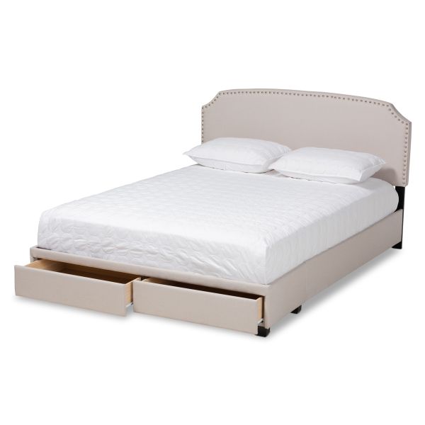 Larese Beige Fabric Upholstered 2-Drawer Queen Size Platform Storage Bed