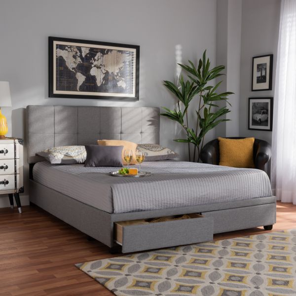 Netti Light Grey Fabric Upholstered 2-Drawer King Size Platform Storage Bed