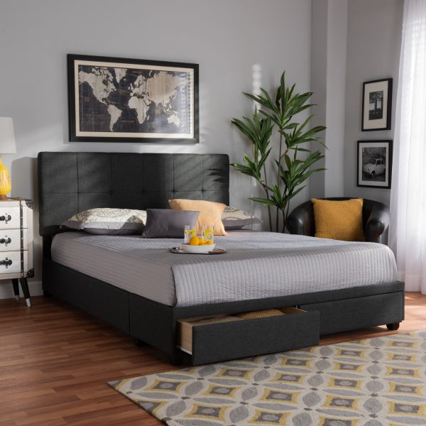 Netti Dark Grey Fabric Upholstered 2-Drawer Queen Size Platform Storage Bed